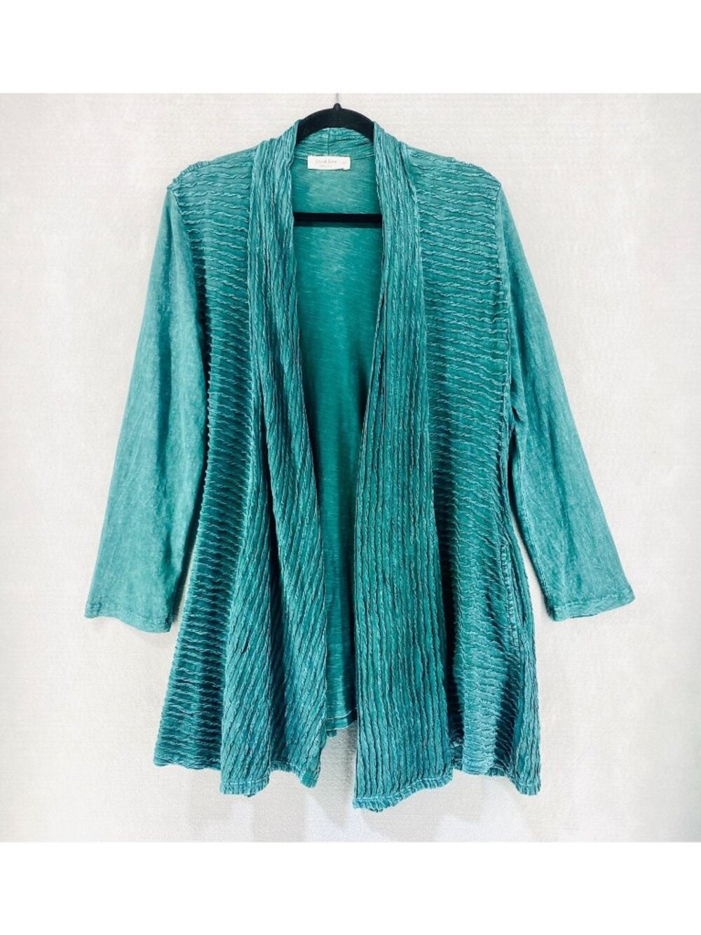 Jess & Jane Sweater Womens M Green Teal Textured Open Cardigan Artsy Boho USA